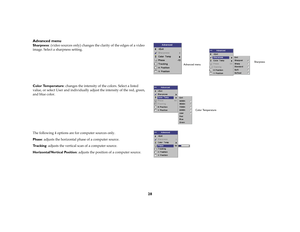 Page 2828 Advanced menu
Sharpness
F0		!G/#	/	!/		0#	0	
#	 	!	/		# 
Color Temperature
/#	/		/	! 	!	!	0
!		!	%	000!!04/		/		0#		
01!	! 
./	!!#2			! 
Phase
04/	/B!/			 
Tr a c k i n g
04/		!		 
Horizontal/Vertical Position...