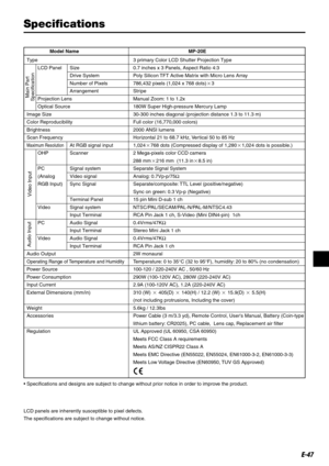 Page 47E-47
Model Name MP-20E
Type
LCD Panel Size
Drive System
Number of Pixels
Arrangement
Projection Lens
Optical Source
Image Size
Color Reproducibility
Brightness
Scan Frequency
Maximum ResolutionAt RGB signal input
OHP Scanner
PC Signal system
(Analog Video signal
RGB Input) Sync Signal
Terminal Panel
Video Signal system
Input Terminal
PC Audio Signal
Input Terminal
Video Audio Signal
Input Terminal
Audio Output
Operating Range of Temperature and Humidity
Power Source
Power Consumption
Input Current...