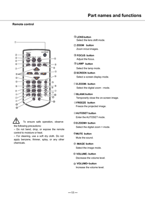 Page 1211
MUTEBLANK
FREEZE
IMAGE
  LAMP
  FOCUS
VOLUME+
+) (
  VOLUME- *
25
26
29
28
27
ZOOM    LENS
SCREEN
  D.ZOOM+ AUTOSET   D.ZOOM-







 
!

#
$
&%

(

)
*
25
2627
28
29
Select the lens shift mode.
Zoom in/out images.
Select a screen display mode.
Select the digital zoom - mode.
Enter the AUTOSET mode.
Select the digital zoom + mode.
Decrease the volume level.Adjust the focus.
Select the lamp mode.
Temporarily close the on-screen image.
Freeze the projected image.
Select...