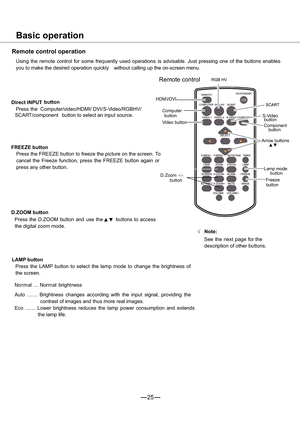 Page 2625
Basic operation
HDM I/DVI
Computer
button
Vi d e o b u t t o n
Z D. oom+/-
buttonS-Video
button
Component
button
Arrow buttons
xz
Lamp mode
button
Freeze
 button
Remote control operation
Using the remote control for some frequently used operations is advisable. Just pressing one of the buttons enables
you to make the desired operation quickly without calling up the on-screen menu.
Remote control
Direct INPUTbutton
Press the Computer/video/HDMI/ DVI/ S-Video/RGBHV/
SCART
/component button to select...