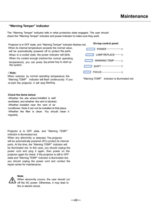 Page 5049
“Warning Temper” indicator
The “Warning Temper” indicator tells in what pr otection stateengaged. The user should
check the “Warning Temper” indicator and power indicator to make sure they work.
Projector is in OFF state, and “Warning Temper” indicator flashes red.
When its internal temperature exceeds the normal value,
will be automatically powered off to protectthe parts.
Whenin a cooled state, the power
indicator will blink.
When it is cooled enough (restore
the normal operating
temperature), you...