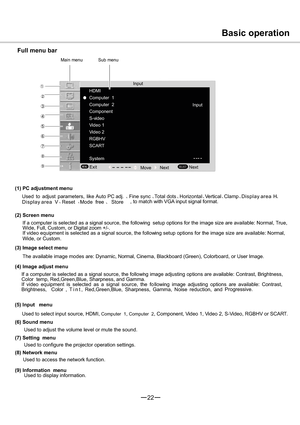 Page 2322






 

HDMI
Computer1
Computer2
RGBHV
SCART
MENUSELECT
Basic operation
Full menu bar
Main menu Sub menu
(1) PC adjustment menu
Used to adjust parameters, like                     Ã              Ã             Ã                                            Ã
                                                                                   Ã       Ã                                  , to match with VGA input signal format.
(2) Screen menu
If a computer is selected as a signal...