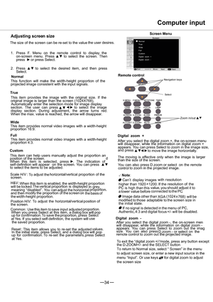 Page 3534
MENUSELECT
Computer input
Adjusting screen size
The size of the screen can be re-set to the valuethe user desires.
1. Press F. Menu on the remote control to display the
on-screen menu. Pressxzto select the screen. Then
pressyor press Select.
2. Pressxzto select the desired item, and then press
Select.
This function will make the width-height proportion of the
projected image consistent with the input signals.
This item provides the image with the original si
ze. If the
original image is larger...