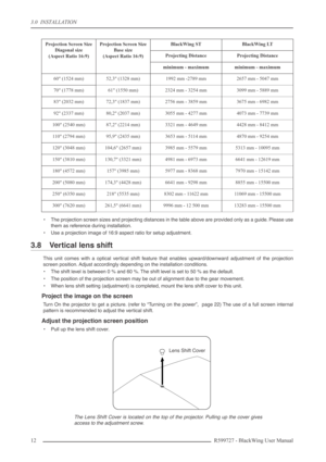 Page 12 
3.0  INSTALLATION 
12R599727 - BlackWing User Manual 
•The projection screen sizes and projecting distances in the table above are provided only as a guide. Please use
them as reference during installation. 
•Use a projection image of 16:9 aspect ratio for setup adjustment. 
3.8 Vertical lens shift 
This unit comes with a optical vertical shift feature that enables upward/downward adjustment of the projection
screen position. Adjust accordingly depending on the installation conditions.
•The shift level...