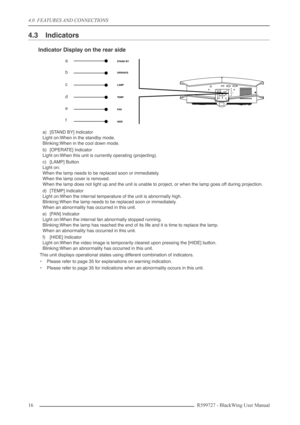 Page 164.0  FEATURES AND CONNECTIONS
16R599727 - BlackWing User Manual
4.3 Indicators
Indicator Display on the rear side
a) [STAND BY] Indicator
Light on:When in the standby mode.
Blinking:When in the cool down mode.
b) [OPERATE] Indicator
Light on:When this unit is currently operating (projecting).
c) [LAMP] Button
Light on:
When the lamp needs to be replaced soon or immediately.
When the lamp cover is removed.
When the lamp does not light up and the unit is unable to project, or when the lamp goes off during...