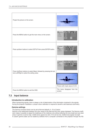 Page 307.0  ADVANCED SETTINGS
30R599727 - BlackWing User Manual
7.3 Input balance
Introduction to calibration
When transporting signals, there is always a risk of deterioration of the information contained in the signals. 
During the projector installation, a proper colour calibration is required to beneﬁt a well balanced colorimetry.
Gamma settings
The Gamma correction factor can be set to Normal (default), A , B or Custom.
Gamma is the relationship between the color values of the data and the color values...