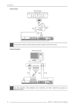 Page 163.0  SETUP
16 R599751 - Master Three User Manual
Game Console
Personal Computer
 Set the game console to output the highest resolution available to get the best results.
Only VGA (640x480), SVGA (800x600), XGA (1024x768), and SXGA (1280x1024) resolutions are
supported at 60 Hz.
HDMIINPUT
1234
INPUT OUTPUT1
32
4
DIGITAL AUDIO SERIAL PORTANALOG AUDIO INPUTY (G)Pb (B)Pr (R)HVDC In+6V @5A
POWER
Y (G)Pb(B)Pr (R)1
21
21
212
S-VIDEO VIDEO COMPONENTL
R
ANALOG VIDEO OUTPUTSDIINPUTI
N
P
U
TSSYNC I
N
P
U
T
O
U
T
P...