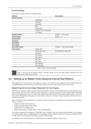 Page 335.0  APPENDIX
R599751 - Master Three User Manual 33 
Format settings
Each Input / Format contains the settings below: 
5.2 Setting up an Master Three Using the Internal Test Patterns
The Master Three has 35 built-in test patterns to assist in the setup of your display and your individual sources.
CineVERSUM recommends that you use the Avia Guide to Home Theater DVD to assist in this setup.
Determining the Correct Output Resolution for Your Display
Determine the optimum output resolution to set your...