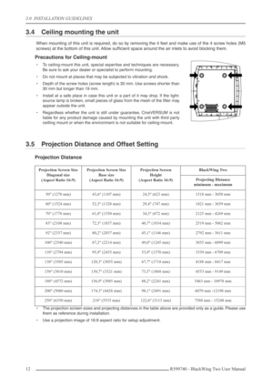 Page 123.0  INSTALLATION GUIDELINES
12 R599740 - BlackWing Two User Manual
3.4 Ceiling mounting the unit
When mounting of this unit is required, do so by removing the 4 feet and make use of the 4 screw holes (M5
screws) at the bottom of this unit. Allow sufﬁcient space around the air inlets to avoid blocking them
.
Precautions for Ceiling-mount
•To ceiling-mount this unit, special expertise and techniques are necessary.
Be sure to ask your dealer or specialist to perform mounting.
•Do not mount at places that...