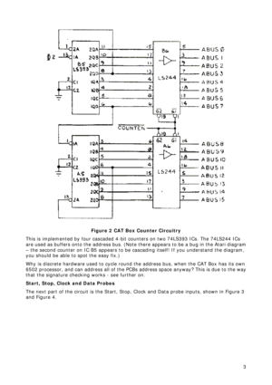 Page 3 3 
Figure 2 CAT Box Counter Circuitry 
This is implemented by four cascaded 4-bit counters on two 74LS393 ICs. The 74LS244 ICs 
are used as buffers onto the address bus. (Note there appears to be a bug in the Atari diagram 
– the second counter on IC B5 appears to be cascading itself! If you understand the diagram, 
you should be able to spot the easy fix.) 
Why is discrete hardware used to cycle round the address bus, when the CAT Box has its own 
6502 processor, and can address all of the PCBs address...