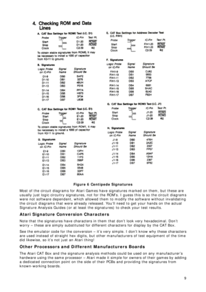 Page 9 9 
Figure 6 Centipede Signatures 
Most of the circuit diagrams for Atari Games have signatures marked on them, but these are 
usually just logic circuitry signatures, not for the ROM’s. I guess this is so the circuit diagrams 
were not software dependent, which allowed them to modify the software without invalidating 
the circuit diagrams that were already released. You’ll need to get your hands on the actual 
Signature Analysis Guides (or at least the signatures) to check your test results. 
Atari...