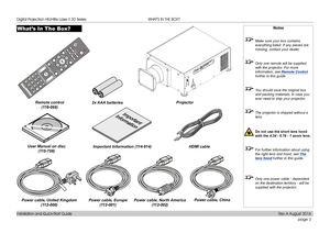 Page 11page 3
Installation and Quick-Start Guide
WHAT’S IN THE BOX?
What’s In The Box?Notes
 Make sure your box contains 
everything listed. If any pieces are 
missing, contact your dealer.
 Only one remote will be supplied 
with the projector. For more 
information, see  Remote Control 
further in this guide.
  You should save the original box 
and packing materials, in case you 
ever need to ship your projector.
 The projector is shipped without a 
lens.
 Do not use the short lens hood 
with the  4.34 - 6.76...