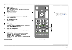 Page 16page 8
Installation and Quick-Start Guide
REMOTE CONTROL
11 LENS adjustment
FOCUS IN / OUT: adjust focus.
SHIFT: press and hold this button, then use the Navigation arrow 
buttons to move the lens.
ZOOM IN / OUT: adjust zoom.
12 USER PRESET A, B, C, D
Load user presets.
13 A LT
Press and hold this button to access alternative functions for all 
buttons with a green label.
14 DVI / GAMMA / numeric input 3
Select the DVI input.
Use with A LT to switch to the next Gamma value:
...1.0, 1.8, 2.0, 2.2, 2.35,...