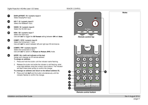 Page 17page 9
Installation and Quick-Start Guide
REMOTE CONTROL
17 DISPLAYPORT / R / numeric input 4
Select DisplayPort input.
18 HD-T / G / numeric input 5
Select the HDBaseT input.
19 3GSDI / B / numeric input 6
Select the 3G-SDI input.
20 VGA / 3D / numeric input 7
Select the VGA input.
Use with A LT to toggle the 3D Format setting between Off and Auto.
21 COMP1 / EYE / numeric input 8
Select the Component 1 input. 
Use with A LT to switch between left and right eye 3D dominance.
22 COMP2 / PIP / numeric...