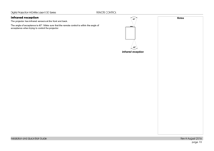 Page 18page 10
Installation and Quick-Start Guide
REMOTE CONTROL
Infrared reception
The projector has infrared sensors at the front and back.
The angle of acceptance is 40°. Make sure that the remote control is \
within the angle of 
acceptance when trying to control the projector.
40°
40°
Infrared reception
Notes 
Digital Projection HIGHlite Laser II 3D Series 
Rev A August 2016  
