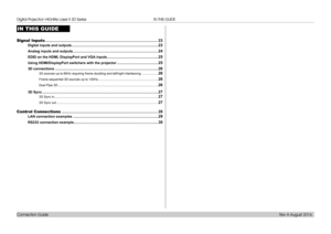 Page 30Connection Guide
IN THIS GUIDE
IN THIS GUIDE
Signal Inputs ........................................................................\
...............................23
Digital inputs and outputs ........................................................................................23
Analog inputs and outputs .......................................................................................24
EDID on the HDMI, DisplayPort and VGA inputs ....................................................25
Using...