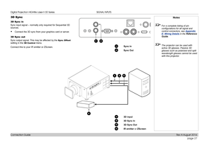 Page 35page 27
Connection Guide
SIGNAL INPUTS
3D Sync
3D Sync in
Sync input signal – normally only required for Sequential 3D 
sources.
• Connect the 3D sync from your graphics card or server.
3D Sync out
Sync output signal. This may be affected by the Sync Offset 
setting in the 3D Control menu.
Connect this to your IR emitter or ZScreen.
Notes
 For a complete listing of pin 
configurations for all signal and 
control connectors, see  Appendix 
E: Wiring Details in the Reference 
Guide .
 The projector can be...