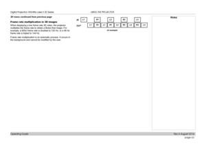 Page 71page 63
Operating Guide
USING THE PROJECTOR
3D menu continued from previous page
Frame rate multiplication in 3D images
When displaying a low frame rate 3D video, the projector 
multiplies the frame rate to obtain a flicker-free image. For 
example, a 60Hz frame rate is doubled to 120 Hz, or a 48 Hz 
frame rate is tripled to 144 Hz.
Frame rate multiplication is an automatic process. It occurs in 
the background and cannot be modified by the user.
NotesL1R1L2
R2
L1
L1
R1R2
L2 L3
R2
R1
L3
L2IN
OUT
x2...