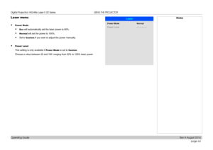 Page 72page 64
Operating Guide
USING THE PROJECTOR
Laser menu
• Power Mode
• Eco will automatically set the laser power to 80%.
• Normal will set the power to 100%.
• Set to Custom if you wish to adjust the power manually.
• Power Level
This setting is only available if Power Mode is set to Custom.
Choose a value between 20 and 100, ranging from 20% to 100% laser power.
NotesLaser
PowerLevel
Power
Mode
————
Normal  
Digital Projection HIGHlite Laser II 3D Series 
Rev A August 2016  