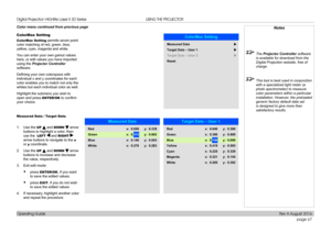 Page 75page 67
Operating Guide
USING THE PROJECTOR
Color menu continued from previous page
ColorMax Setting
ColorMax Setting permits seven point 
color matching of red, green, blue, 
yellow, cyan, magenta and white.
You can enter your own gamut values 
here, or edit values you have imported 
using the Projector Controller 
software.
Defining your own colorspace with 
individual x and y coordinates for each 
color enables you to match not only the 
whites but each individual color as well.
Highlight the submenu...