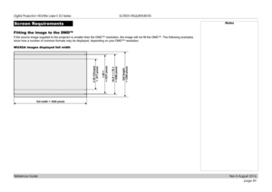 Page 97page 89
Reference Guide
SCREEN REQUIREMENTS
Screen Requirements
Fitting the image to the DMD™
If the source image supplied to the projector is smaller than the DMD™ resolution, the image will not fill the DMD™. The following examples 
show how a number of common formats may be displayed, depending on your \
DMD™ resolution.
WUXGA images displayed full width
Notes
full width = 1920 pixels
2.35:1(Scope) 
 =  817 pixels
1.85:1 
 = 1037 pixels
16:9 = 1.78:1  
= 1080 pixelsfull height  
= 1200 pixels 
Digital...