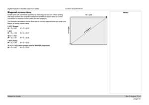 Page 100page 92
Reference Guide
SCREEN REQUIREMENTS
Diagonal screen sizes
Screen sizes are sometimes specified by their diagonal size (D). When dealing 
with large screens and projection distances at different aspect ratios, it is more 
convenient to measure screen width (W) and height (H).
The example calculations below show how to convert diagonal sizes into w\
idth and 
height, at various aspect ratios.   
2.35:1 (Scope) 
W = D x 0.92 H = D x 0.39
1.85:1 
W = D x 0.88 H = D x 0.47
16:9 = 1.78:1 
W = D x 0.87...