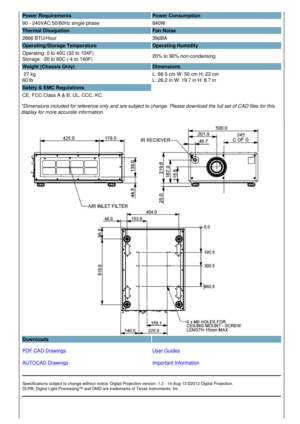 Page 3Power Requirements Power Consumption
90 - 240VAC 50/60Hz single phase 840W
Thermal Dissipation Fan Noise
2866 BTU/Hour 39dBA
Operating/Storage Temperature Operating Humidity 
Operating: 0 to 40C (32 to 104F)
Storage: -20 to 60C (-4 to 140F) 20% to 90% non-condensing
Weight (Chassis Only) Dimensions
 27 kg 
60 lb  L: 66.5 cm W: 50 cm H: 22 cm
L: 26.2 in W: 19.7 in H: 8.7 in
Safety & EMC Regulations
CE, FCC Class A & B, UL, CCC, KC  
*Dimensions included for reference only and are subject to change. Please...