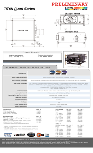 Page 2Native Color TemperatureHDTV Formats Supported Scan Rates Supported
Remote Control
Automation Control
Operating/Storage Temperature
Operating Humidity
Thermal Dissipation  Fan Noise
Power Requirements Power Consumption PARAMETERS
Projectors 
   Part #TITAN sx+ Quad 3D     111-869
TITAN 1080p Quad 3D     111-872
TITAN WUXGA Quad 3D      111-875
Accessories     Part #TITAN Quad 3D Lamp & Housing* (4 required)    111-896A
RapidRigTM Frame     107-956
TITAN  Quad 3D Series Adjustable Ceiling Mount  111-897A...