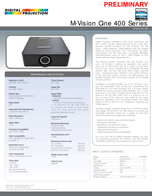 Page 1Digital Projection International (DPI), Texas Instruments’ first 
DLP™ partner and the original innovator of the 3-chip DLP™ 
projector, proudly introduces the new M-Vision Cine 400 
series, a high brightness 1080p platform with the imaging 
fidelity of Texas Instruments’ DLP™ technology. The single-
chip M-Vision Cine 400 series adds a remarkably affordable, 
high-performance series of 1920 x 1080 displays to DPI’s 
already extensive single-chip product line.
The imagery benefits associated with the...