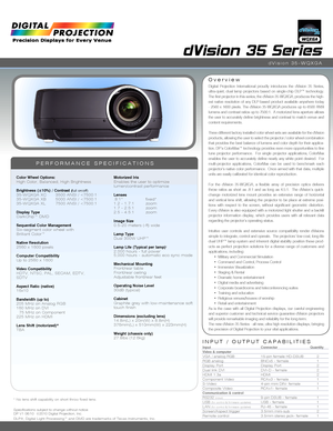 Page 1INPUT / OUTPUT CAPABILITIES
Color Wheel Options:High Color, Balanced, High Brightness 
Brightness (±10%) / Contrast (full on/off)35-WQXGA XC 3500 ANSI / 