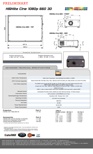 Page 2Native Color Temperature
HDTV Formats Supported
Scan Rates Supported
Remote Control
Automation Control
Operating/Storage Temperature
Operating Humidity
Thermal Dissipation 
Fan Noise
Power Requirements
Power Consumption
PARAMETERS
Projectors    Part #HIGHlite Cine 1080p-660 3D     113-136
Accessories     Part #HIGHlite 330 Lamp & Housing* (2 required)    111-100HIGHlite Cine Adjustable Ceiling Mount   111-182Infrared Remote (Replacement)     105-023* Includes high-performance replacement air filter(s)
1...