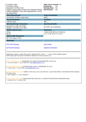 Page 4Front/Rear Table
Front/Rear Ceiling
Adjustable Front/Rear Feet
Rugged, staging tolerant chassis with integrated handles.
Optional RapidRig™ frame with integrated pitch, roll and 
yaw adjustments. Table Top or Inverted:  Yes 
Pointing Up:         Yes 
Pointing Down:    Yes 
Roll (Portrait):      Yes
Power Requirements Power Consumption
100-240VAC 50/60Hz single phase 400W
Thermal Dissipation Fan Noise
1365 BTU/Hour TBD
Operating/Storage Temperature Operating Humidity 
Operating: 0 to 35C (32 to 95F)...