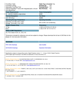 Page 3Front/Rear Table
Front/Rear Ceiling
Adjustable Front/Rear Feet
Optional RapidRig™ frame with integrated pitch, roll and 
yaw adjustments. Table Top or Inverted:  Yes 
Pointing Up:         Yes 
Pointing Down:    Yes 
Roll (Portrait):      Yes
Power Requirements Power Consumption
90 - 240VAC 50/60Hz single phase 950W
Thermal Dissipation Fan Noise
3241 BTU/Hour 39dBA
Operating/Storage Temperature Operating Humidity 
Operating: 0 to 40C (32 to 104F)
Storage: -20 to 60C (-4 to 140F) 20% to 90% non-condensing...