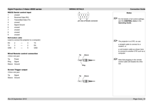 Page 26Digital Projection E-Vision 8000 series  WIRING DETAILS Connection Guide
Page Conn_10
RS232 Serial control input
1 unused
2 Received Data (RX)
3 Transmitted Data (TX)
4 unused
5 Signal Ground
6 unused
7 unused
8 unused
9 unused
Null-modem cable
(used to connect the projector to a computer)
RX 2 ---  3 TX
TX 3 ---  2 RX
GND 5 ---  5 GND
Wired Remote control connection
3.5mm mini jack
Tip Power
Ring Signal
Sleeve Ground
Screen Trigger output
3.5mm mini jack
Tip Signal
Sleeve Ground
Notes
 For full details...
