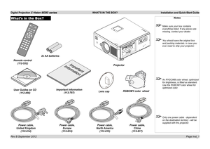 Page 5Digital Projection E-Vision 8000 series  WHAT'S IN THE BOX? Installation and Quick-Start Guide
Page Inst_1
What’s in the Box?Notes
 Make sure your box contains 
everything listed. If any pieces are 
missing, contact your dealer.
 You should save the original box 
and packing materials, in case you 
ever need to ship your projector.
 An RYGCWB color wheel, optimized 
for brightness, is fitted as standard. 
Use the RGBCMY color wheel for 
optimized color.
 Only one power cable - dependent 
on the...