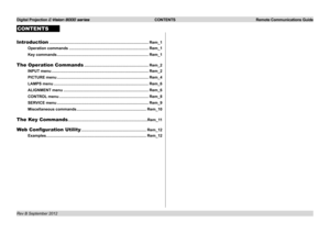 Page 55Digital Projection E-Vision 8000 series  CONTENTS Remote Communications Guide
CONTENTS
Introduction ........................................................................\
...................Rem_1
Operation commands .........................................................................Rem_1
Key commands ....................................................................................Rem_1
The Operation Commands ...........................................................Rem_2
INPUT menu...