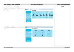 Page 68Digital Projection E-Vision 8000 series  WEB CONFIGURATION UTILITY Remote Communications Guide
Page Rem_13
Examples - continued from previous page
The Image settings page allows access to settings from the 
Picture menu.
The Lens adjustments page allows access to lens control 
settings. 
Notes 
Rev B September 2012  