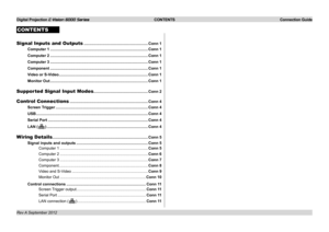 Page 18Digital Projection E-Vision 6000 Series CONTENTS Connection Guide
CONTENTS
Signal Inputs and Outputs ...........................................................Conn 1
Computer 1 ..........................................................................................Conn 1
Computer 2 ..........................................................................................Conn 1
Computer 3 ..........................................................................................Conn 1
Component...