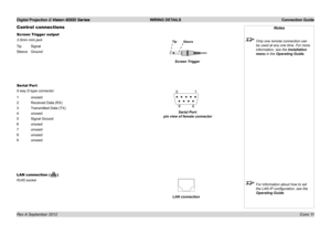 Page 29Digital Projection E-Vision 6000 Series WIRING DETAILS Connection Guide
Conn 11
Control connections
Screen Trigger output
3.5mm mini jack
Tip Signal
Sleeve Ground
Serial Port
9 way D-type connector
1 unused
2 Received Data (RX)
3 Transmitted Data (TX)
4 unused
5 Signal Ground
6 unused
7 unused
8 unused
9 unused
LAN connection ()
RJ45 socket
Serial Port: 
pin view of female connector
Notes
 Only one remote connection can 
be used at any one time. For more 
information, see the Installation 
menu in the...