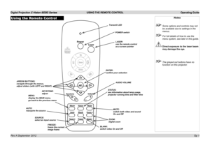 Page 33Digital Projection E-Vision 6000 Series USING THE REMOTE CONTROL Operating Guide
Op 1
Using the Remote ControlNotes
 Some options and controls may not 
be available due to settings in the 
menus.
 For full details of how to use the 
menu system, see later in this guide.
 Direct exposure to the laser beam 
may damage the eye.
  The grayed out buttons have no 
function on this projector.
Volume
̶  +
Keystone
Menu Status MuteVolume
Auto Blank Zoom +
Zoom -
Source Freeze
Laser
Power
MENU: display the MAIN...