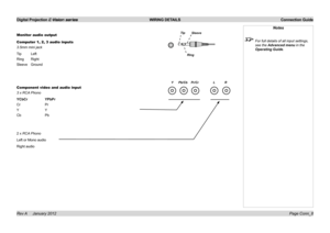 Page 23
Digital Projection E-Vision series  WIRING DETAILS  Connection Guide
Page Conn_8Rev A     January 2012
Monitor audio output
Computer 1, 2, 3 audio inputs
3.5mm mini jack
Tip.Left
Ring.Right
Sleeve.Ground
Component video and audio input
3 x RCA Phono
YCbCr    YPbPr
Cr. .Pr
Y. . Y
Cb. . Pb
2.x.RCA Phono
Left.or.Mono.audio
Right.audio
Notes
 For full details of all input settings, 
see the Advanced menu in the 
Operating Guide.
Sleeve
Ring
Tip
L           R   Y      Pb/Cb    Pr/Cr 