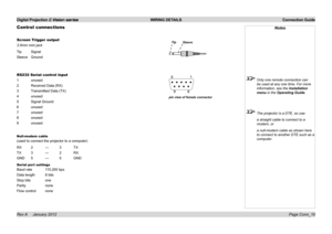 Page 25
Digital Projection E-Vision series  WIRING DETAILS  Connection Guide
Page Conn_10Rev A     January 2012
Control connections
Screen Trigger output
3.5mm mini jack
Tip.Signal
Sleeve.Ground
RS232 Serial control input
1.unused
2.Received.Data.(RX)
3.Transmitted.Data.(TX)
4.unused
5.Signal.Ground
6.unused
7.unused
8.unused
9.unused
Null-modem cable
(used.to.connect.the.projector.to.a.computer)
RX.2.---.3.TX
TX.3.---.2.RX
GND.5.---.5.GND
Serial port settings
Baud.rate. 115,200.bps
Data.length.8.bits...