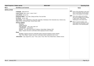 Page 50
Digital Projection E-Vision series  MENU MAP  Operating Guide
Page Op_21Rev A     January 2012
INSTALLATION
Language   Select from list
Lamp Control  Both, Lamp 1, Lamp 2, Auto 1
Lamp Mode  Normal, Eco
Projection Mode   Front, Rear, Ceiling and Rear, Front and Rear
Fan Mode   Normal, High
Test Pattern   None, RGB Ramps, Colour Bars, Step Bars, Checkboard, Grid, Horizontal Li\
nes, Vertical Lines, 
Diagonal lines, Horizontal Ramp, Vertical Ramp, White
Advance Setting
Keystone
Image.Resizing...