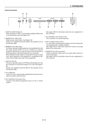 Page 14E-14
Control Terminals
1. Introduction
1. USB Port (USB A)(Type A)
When working on “menu”, commercially available USB mouse
is connected and used. See page E-45.
2. REMOTE IN 1 (Mini Jack)
Wired remote control input.  See Page E-20.
Ferrite core supplied should be fitted to the projector end of
the Remote cable.
3. REMOTE OUT (Mini Jack)
For Daisy-chaining multiple projectors and operating them with
the same remote control. To do so, connect to a second
projector’s IN terminal to relay the input at the...