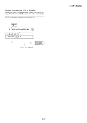 Page 20E-20
REMOTE
IN 1
Using the Remote Control in Wired Operation
Connect one end of the supplied remote cable to the REMOTE IN 1
mini jack and the other end to the remote jack on the remote control.
NOTE: Do not use this jack for anything other than intended use.
Remote cable (supplied)
1. Introduction 