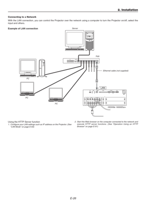 Page 26E-26
2. Installation
Connecting to a Network
With the LAN connection, you can control the Projector over the network using a computer to turn the Projector on/off, select the
input and others.
Example of LAN connection
Using the HTTP Server function
1. Configure your LAN settings such as IP address on the Projector. (See
“LAN Mode” on page E-63)Server
Hub
Ethernet cable (not supplied)
LAN
2. Star t the Web browser on the computer connected to the network and
execute HTTP server functions. (See “Operation...