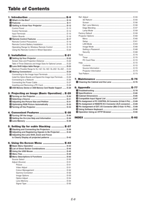 Page 8E-8
Table of Contents
1. Introduction ............................................ E-91 Whats in the Box? ................................................................. E-10
2 Features ..................................................................................E-11
3 Getting to Know Your Projector ............................................ E-12
Control Panel ............................................................................ E-13
Control Terminals...