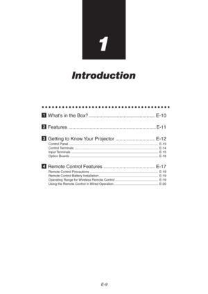 Page 9E-9
1
Introduction
○○○○○○○○○○○○○○○○○○○○○○○○○○○○○○○○○○○○○○○
1 Whats in the Box? ................................................. E-10
2 Features ................................................................. E-11
3 Getting to Know Your Projector ............................. E-12
Control Panel .................................................................................................... E-13
Control Terminals...