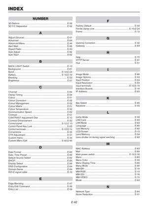 Page 92E-92
INDEX
NUMBER
3D Reform .......................................................................... E-55
3D Y/C  Separation ............................................................. E-52
A
Adjust (Source) .................................................................. E-51
Advanced ........................................................................... E-64
Advanced Menu ................................................................. E-44
Alert Mail...