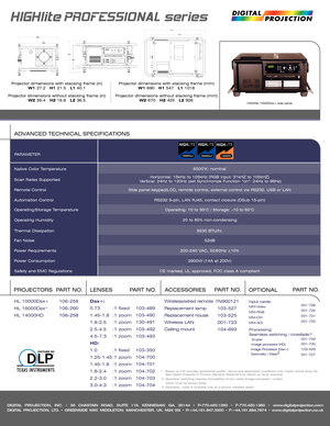 Page 2DIGITAL PROJECTION, INC. • 55 CHASTAIN ROAD. SUITE 115. KENNESAW. GA. 30144 • P-770.420.1350 • F-770.420.1360 • www.digitalprojection.com
DIGITAL PROJECTION, LTD. • GREENSIDE WAY. MIDDLETON. MANCHESTER. UK. M24 IXX • P-+44.161.947.3300 • F-+44.161.684.7674 • www.digitalprojection.co.uk
Projector dimensions with stacking frame (in)
W1 27.2   H1 21.5   L140.1
Projector dimensions without stacking frame (in)
W2 26.4   H216.8   L236.5Projector dimensions with stacking frame (mm)
W1 690   H1 547   L1 1018...